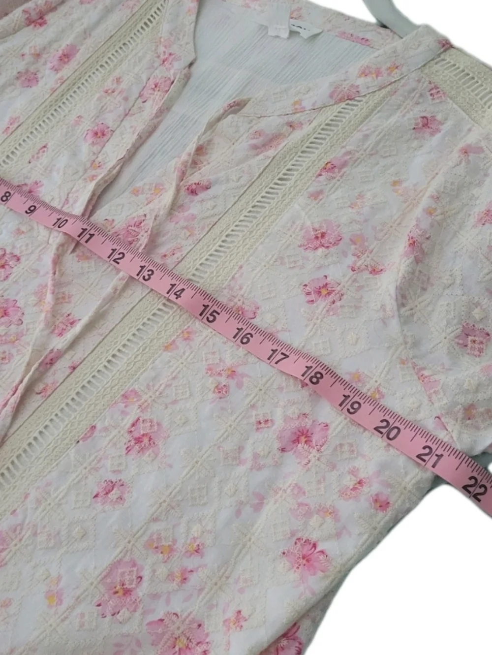 Embroidered Drop Waist Dress Eyelet Boho Floral Bell Sleeve Cottage Cream SIze L - Picture 14 of 15